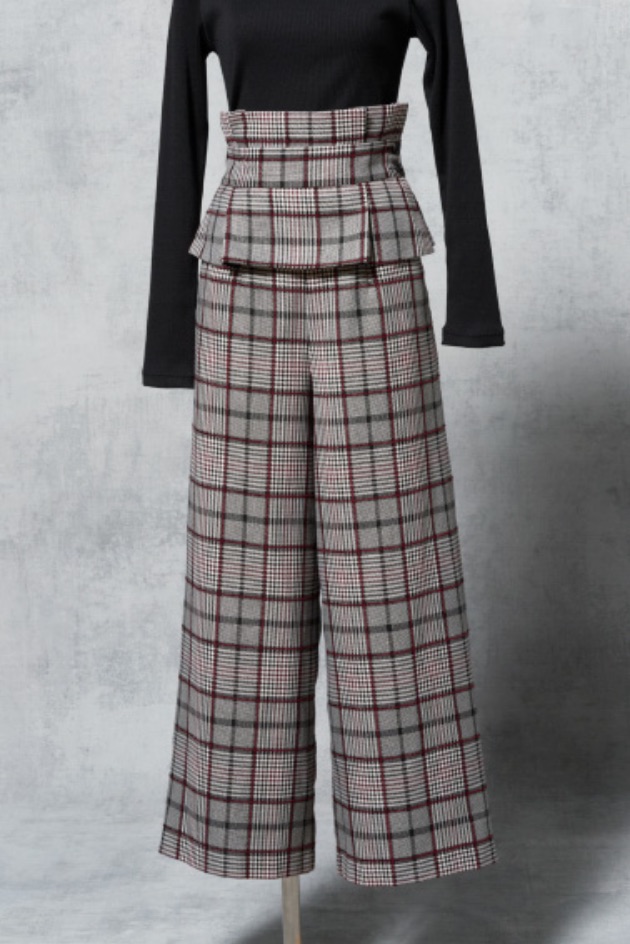 PEPLUM BELT CHECK WIDE PANTS